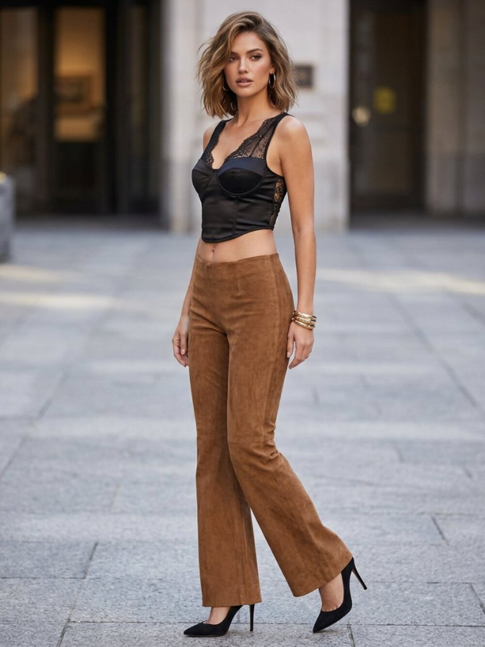Genuine Suede Leather Pants, Camel Color, EU Size 40